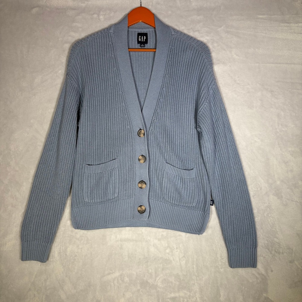 NWT Gap Shaker Stitch Cardigan Sweater Cornflower Blue Womens M Pockets Knit